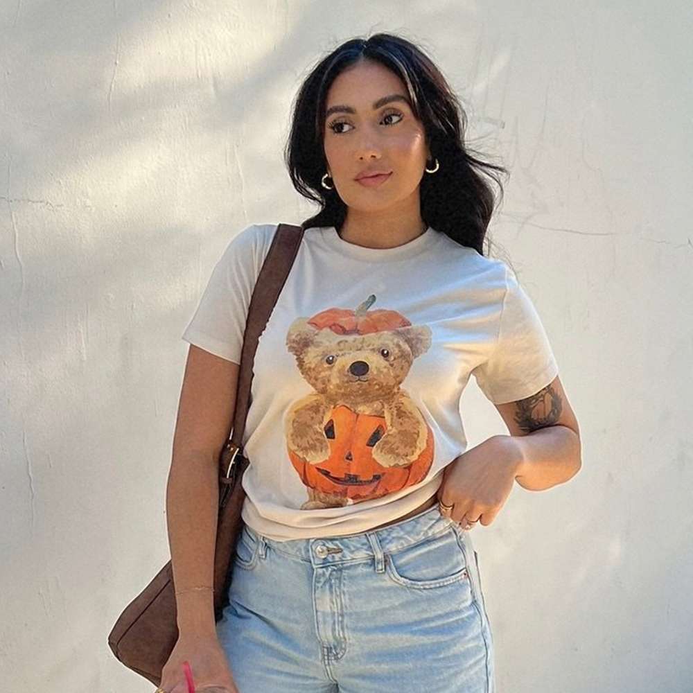 user image by @gracielaaa__, Women's Teddy Bear Pumpkin Short Sleeve Graphic Boyfriend T-Shirt - Beige