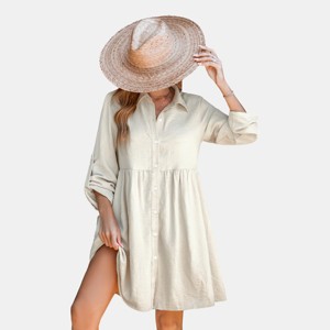Women's Beige Collared Button-Up Mini Dress - Cupshe - 1 of 4