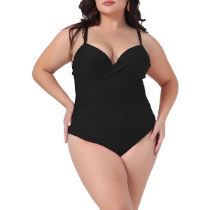 Agnes Orinda Women's Plus Size Ruched Padded Slimming V Neck High Waist One Piece Swimsuit - 1 of 4