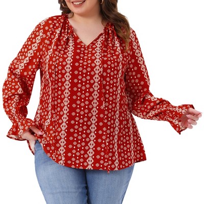 Women's Plus Size Printed Pattern Tie Notch V Neck Flare Long Sleeve Casual Blouses - Agnes Orinda