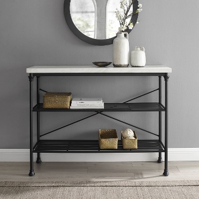 French Industrial Revival Matte Black Console with Faux Marble Top