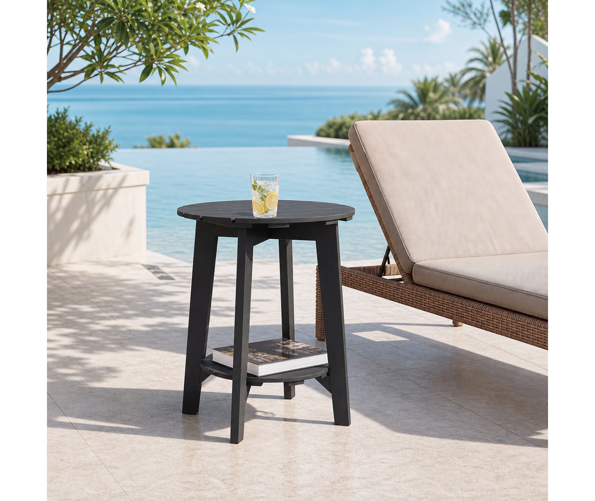 2-Tier Eucalyptus Wood Outdoor Coffee Table with Slatted Top and Storage Shelf, Black
