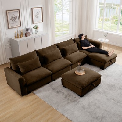 Oversized 157.5" Corduroy Cloud Modular U-Shaped Sectional Sofa with Big Deep Seat and 2 Storage Ottoman, 6-Piece Free combination Sofa