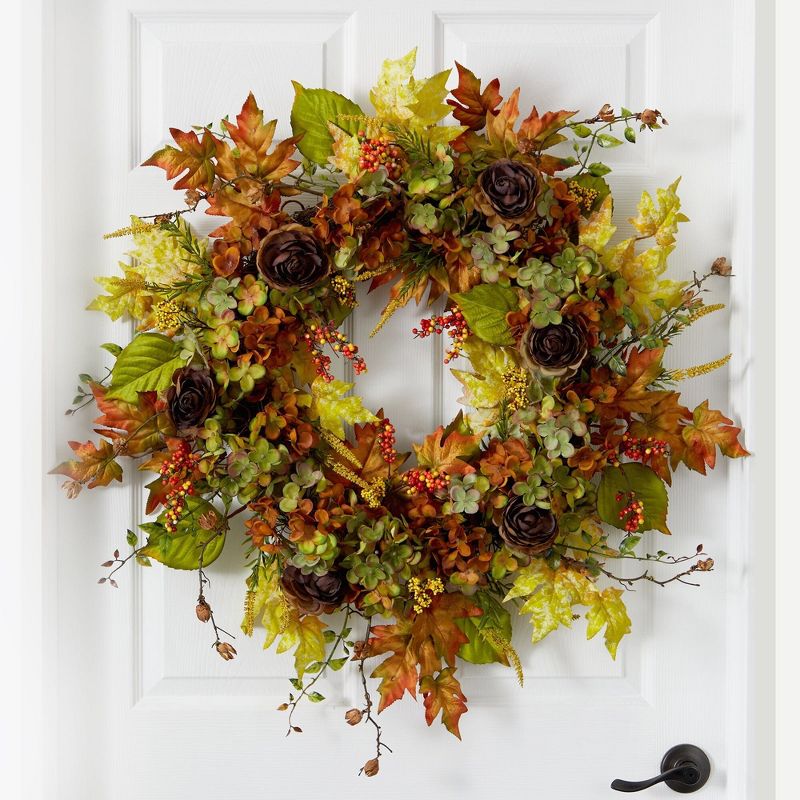 Nearly Natural 32” Fall Hydrangea, Ranunculus and Maple Leaf Autumn Artificial Wreath, 2 of 6