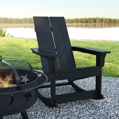 Emma + Oliver Black Poly Resin Adirondack Rocking Chair with Arms