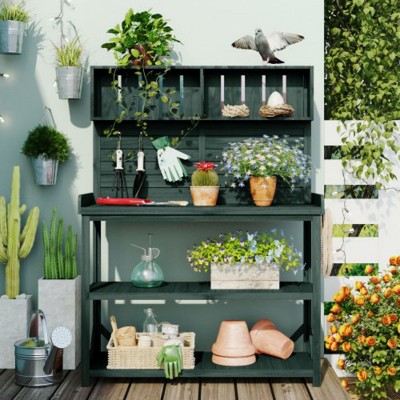 Farmhouse Potting Bench Table - 65": 4 Shelves, Side Hook, Rustic Outdoor Garden Station
