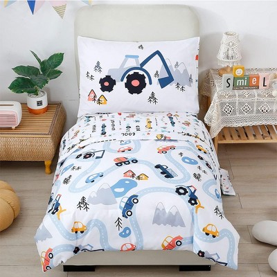 BAFODE 4 Pcs Toddler Bedding Set Cartoon Printed Toddler Bed Toddler Bed Set