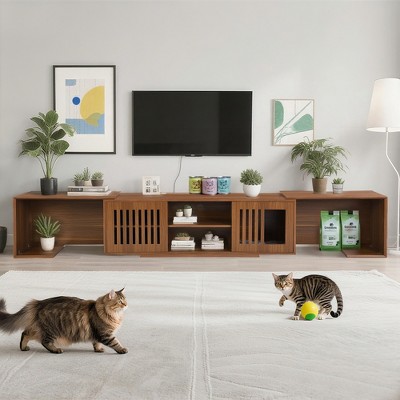 JVNOXK Mid-Century Modern 54.3" Extendable TV Stand (up to 100") with Cat House & Litter Box Enclosure ¨C Walnut Wood Entertainment Center