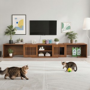 JVNOXK Mid-Century Modern 54.3" Extendable TV Stand (up to 100") with Cat House & Litter Box Enclosure ¨C Walnut Wood Entertainment Center - 1 of 4