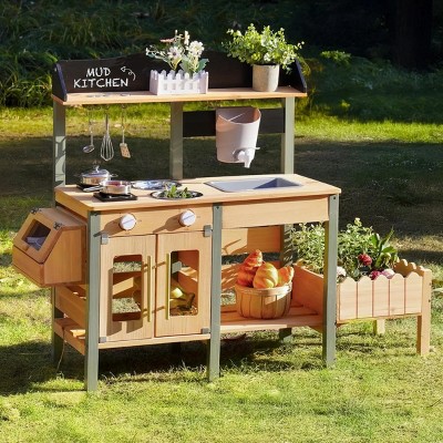 ROBOTIME Play Food And Toy Kitchen Set, Wooden Pretend Play Kitchen with Plant Growing Box, Sink, Gift for Girls Boys, Brown, 14.9"*47.6"*36.22"