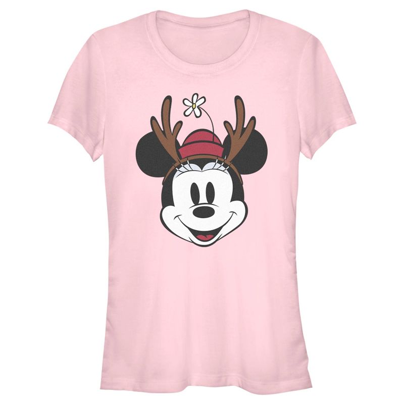 Juniors Womens Minnie Mouse Christmas Reindeer Antlers T-Shirt, 1 of 5
