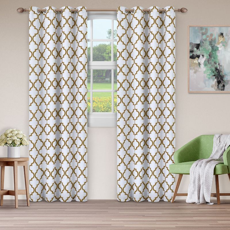 Geometric Trellis Thermal Insulated Blackout Curtain 2-Panel Set with Grommet Topper - Blue Nile Mills, 1 of 5