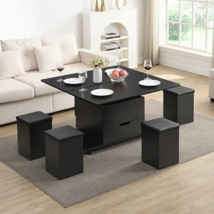 39'' MDF Wood Lift‑Top Coffee Table with Hidden Storage for Living Room,Multi-Functional Coffee Table with 4 Stools for Small Space-Coolbibila - 1 of 4
