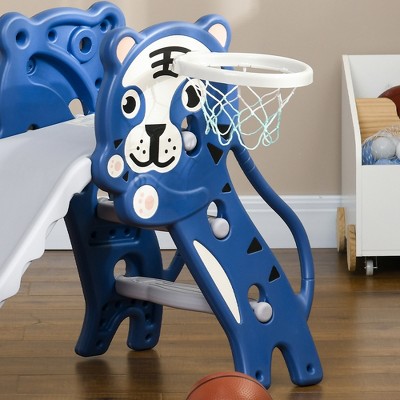 Blue and White Indoor Toddler Slide with Basketball Hoop