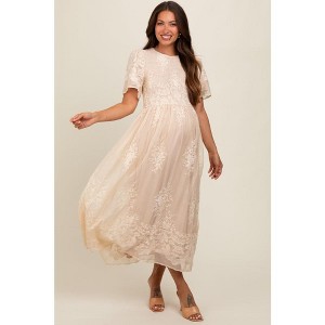 Pinkblush Cream Embroidered Smocked Maternity Midi Dress - 1 of 4