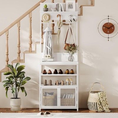Hall Tree with Mesh Doors, 72.8in White Coat Rack Shoe Storage