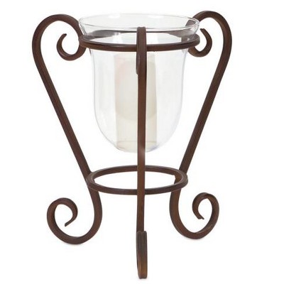 Melrose 12.5" Antiqued Brown Metal and Glass Scrolled Base Hurricane Pillar Candle Holder