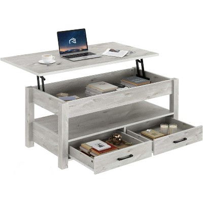 Living Lift Top Coffee Table with Drawers and Hidden Compartment, Retro Central Table with Wooden Lift Tabletop