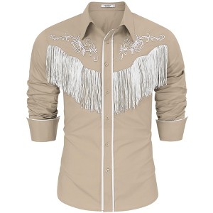 Men's Cowboy Costume Western Long Sleeve Casual Fringe Hippie Slim Fit Button Down Shirt - 1 of 4