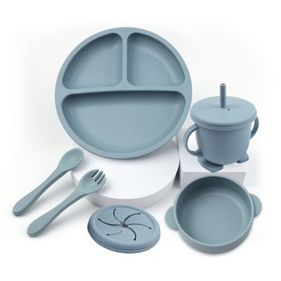 AOSTIRMOTOR 6 Piece Baby Feeding Set Silicone Tableware with Suction Bowl Plate Cup Spoon Fork BPA Free Gift Box for Newborns and Toddlers