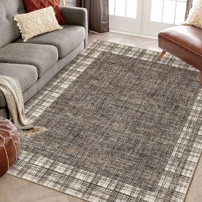 Washable Plaid Rug - Non-Slip Checkered Low Pile Carpet for Living Room, Bedroom