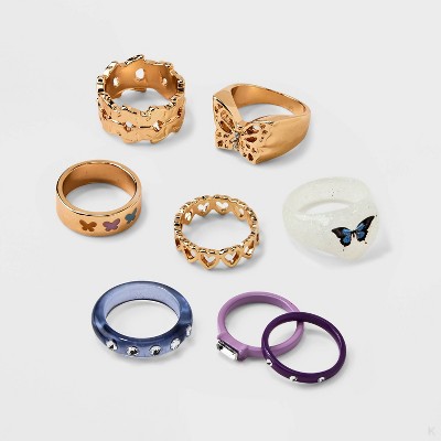 Girls' 8pk Mixed Ring Set With Butterfly Ring And Heart Band - Art