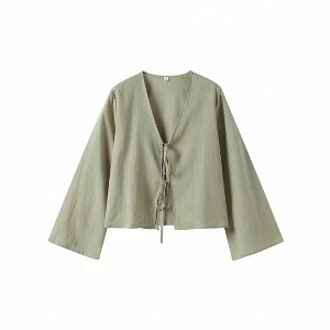 Women Shirt Tie Front Tops Long Sleeve V Neck Casual Lace Up Bow Blouses - 1 of 4