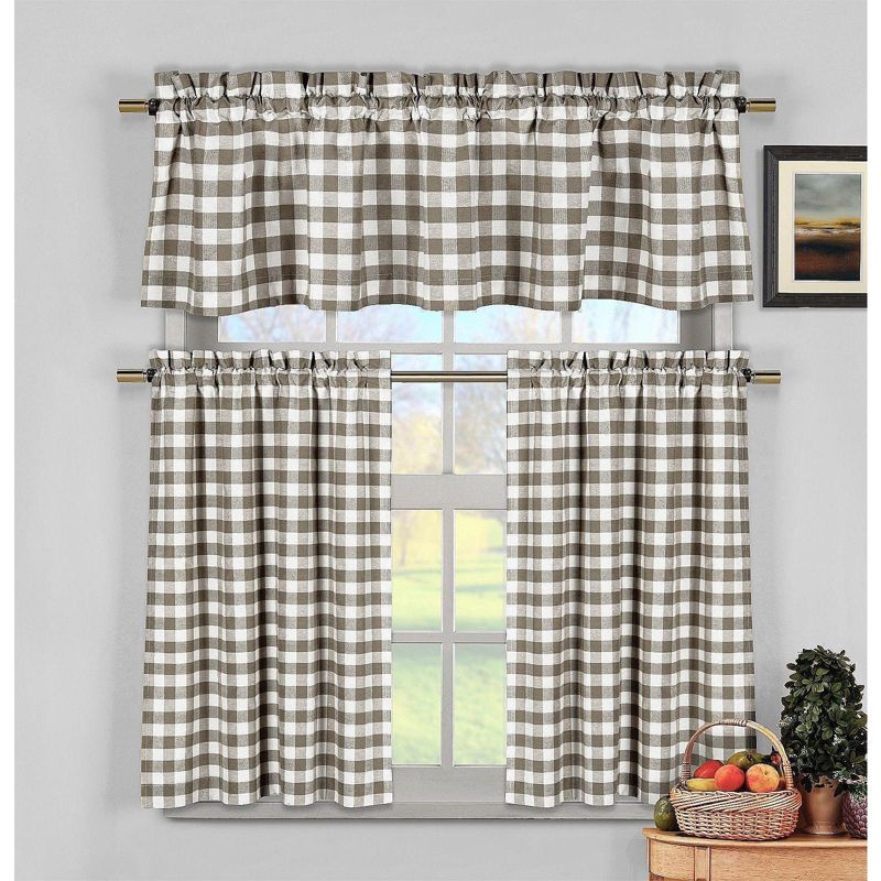 Kate Aurora Complete 3 Piece Country Farmhouse Plaid Kitchen Curtain Tier & Valance Set - Muted Taupe, 1 of 4