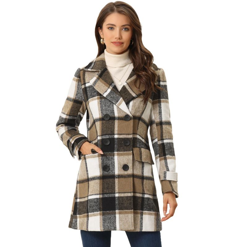 Allegra K Women's Notched Lapel Double Breasted Winter Plaids Overcoat, 1 of 7