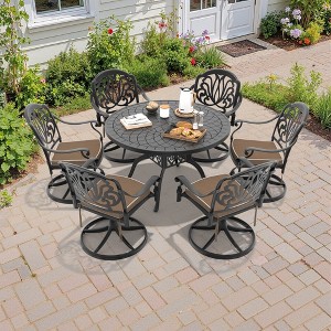 7-Piece Round Cast Aluminum Outdoor Patio Dining Set with Swivel Chairs & Brown Cushions - 1 of 4