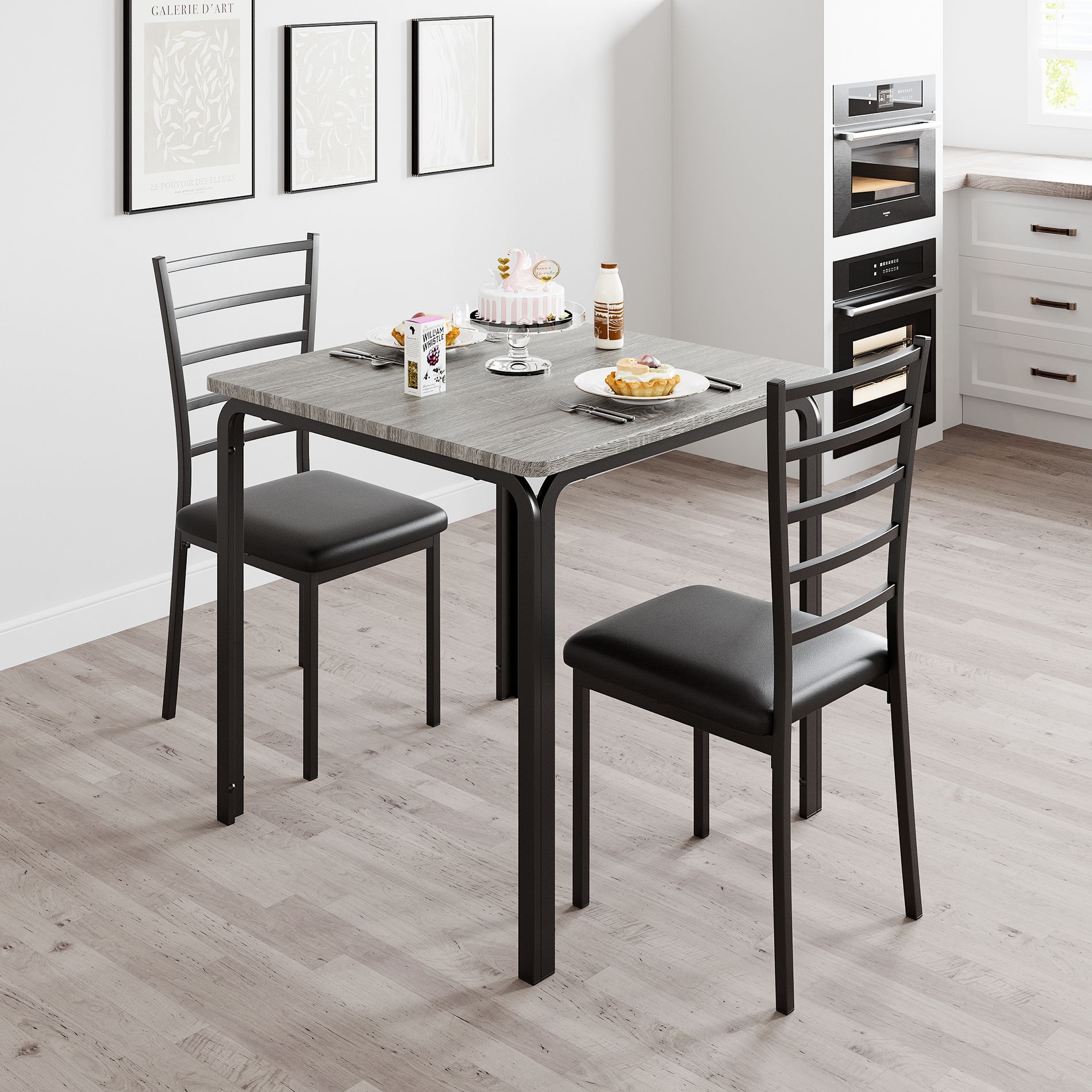 3-Piece Kitchen Dining Set for 2, Square Table with 2 Cushioned Chairs, Compact Indoor Modern Dinette Set, Grey