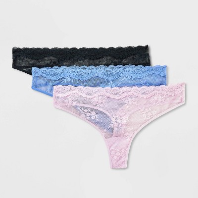 Women's 3pk Lace Thong Underwear - Wild Fable™ Black/Blue/Lilac