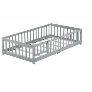 COWLOWN Twin Size Floor Bed with Safety Fence & Door, Rubber Wood Montessori Bed for Toddlers - 1 of 4