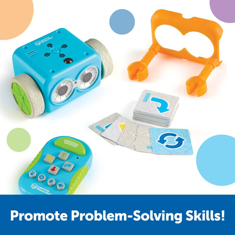 Blue colored robot toy with wheels, an orange attachment, a remote control, and a stack of instruction cards, with the text "Promote Problem-Solving Skills!"