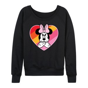 Women's - Disney - Minnie Mouse Rainbow Heart Lightweight French Terry Wide Neck Long Sleeve Shirt - 1 of 4