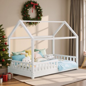 AMERLIFE Twin Size House Bed for Kids with Guardrails, Removable Rails, Playhouse Roof, Montessori Wooden Floor Bed Frame, Easy Assembly - 1 of 4