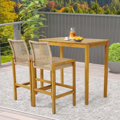 Set of 4 Light Brown PE Rattan and Acacia Wood Barstools