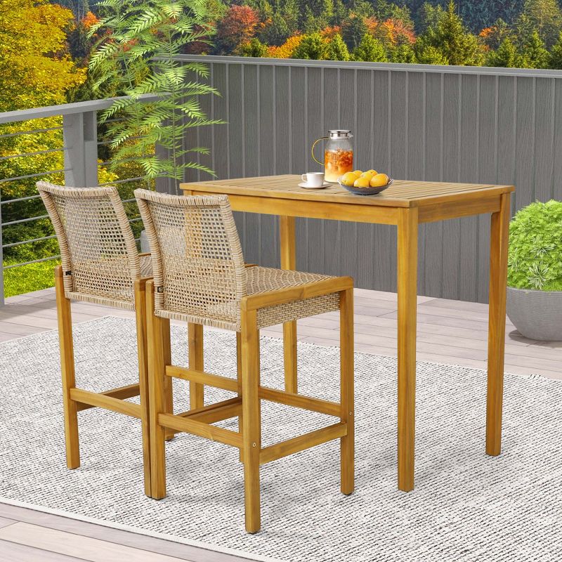 Costway Set of 4 Patio Wood Barstools Rattan Bar Height Chairs with Backrest Porch Balcony, 3 of 9