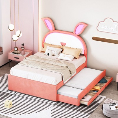 CAVINAS Full Bed Frames for Kids, Bed Frame with Rabbit-Shaped Headboard, Upholstered Platform, Trundle and 3 Drawers, Embedded LED Lights, Pink
