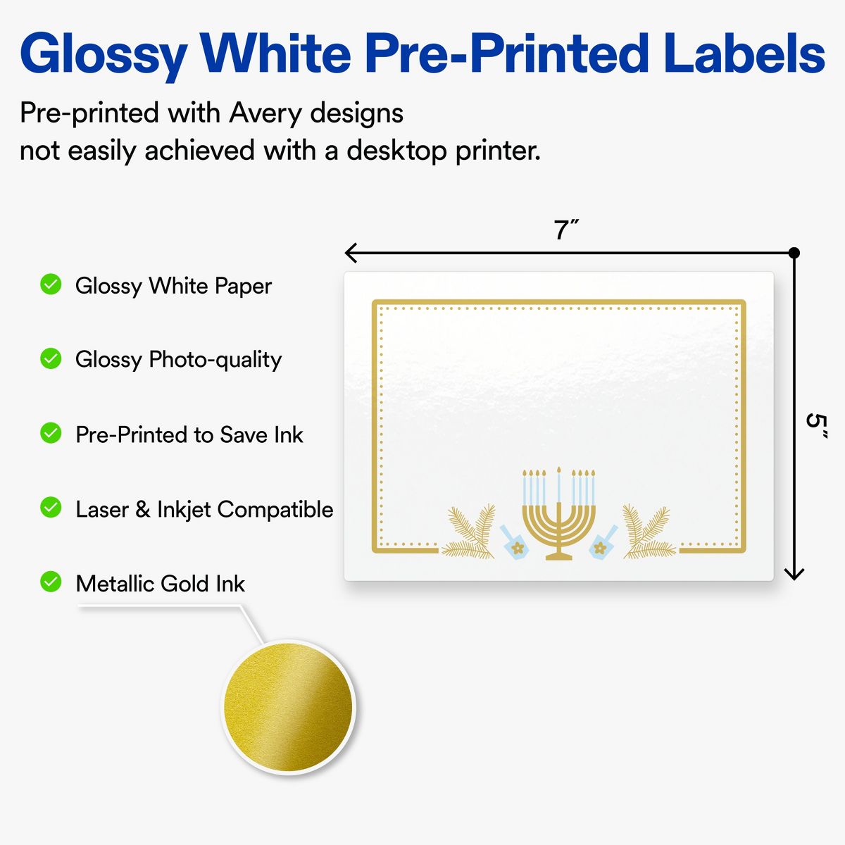 Avery® Labels, 5" x 7", Glossy, Gold Menorah Frame, 40 - thumbnail 2