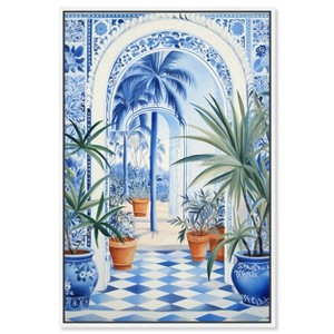 Art Remedy Blue and White Palms Tropical Bathroom Wall Art Framed - 1 of 4