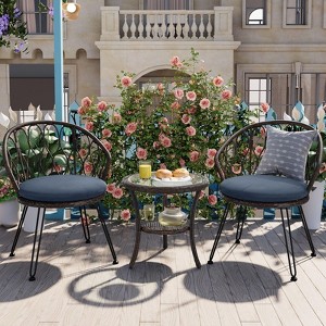 3 Piece Patio Bistro Set with Glass Table, Outdoor Rattan Chairs Set with Curved Backrest & Cushion for Balcony Patio - 1 of 4