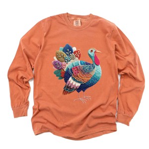 Turkey Patchwork Print - Women's Garment Dyed Long Sleeve Graphic T-Shirt - 1 of 4