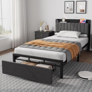 Twin Size Bed Frame with Storage Drawer, Industrial Twin Platform Bed with Upholstered Headboard and Charging Station, No Box Spring Needed - 1 of 4