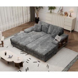 TIRAMISUBEST 110in Sofas Convertible Corduroy Sectional Extra Wide Chaise Double Lounge Built In Storage Armrests Living Room Home Gym, Gray - 1 of 4