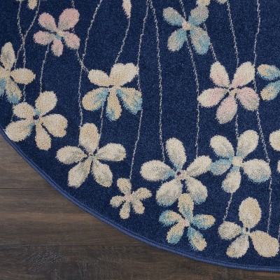 Handmade Navy Floral Viscose Round Area Rug, 63" Diameter