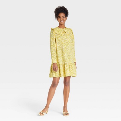 Women's Puff Long Sleeve Dress - Who What Wear™ Yellow Leopard Print L