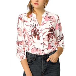 Allegra K Women's Floral Loose V Neck Long Sleeve Button-Up Shirt - 1 of 4