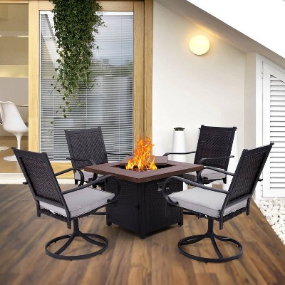 5pc Patio Dining Set with Fire Pit Table & Wicker Rattan 360 Swivel Chairs - Captiva Designs