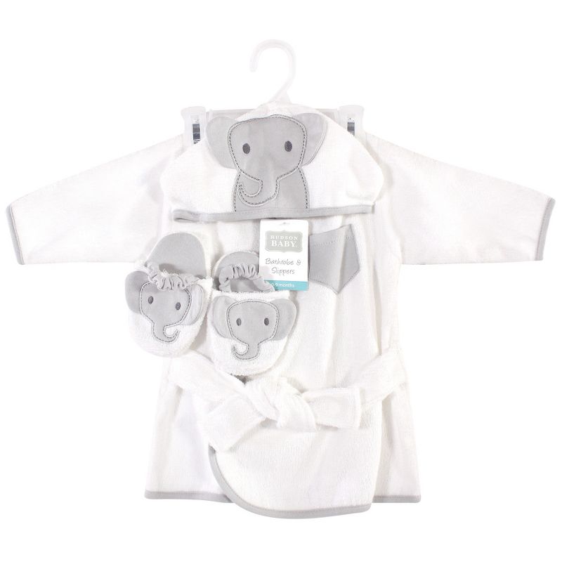 Hudson Baby Infant Cotton Animal Face Bathrobe and Slippers 2pc, Modern Elephant, 0-9 Months, 3 of 4